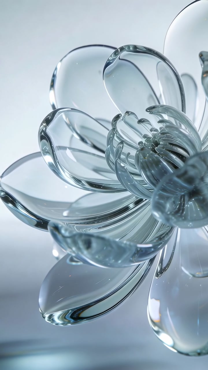 Vertical video: Panning camera revealing glass flower on reflective base in studio, showing 3D form