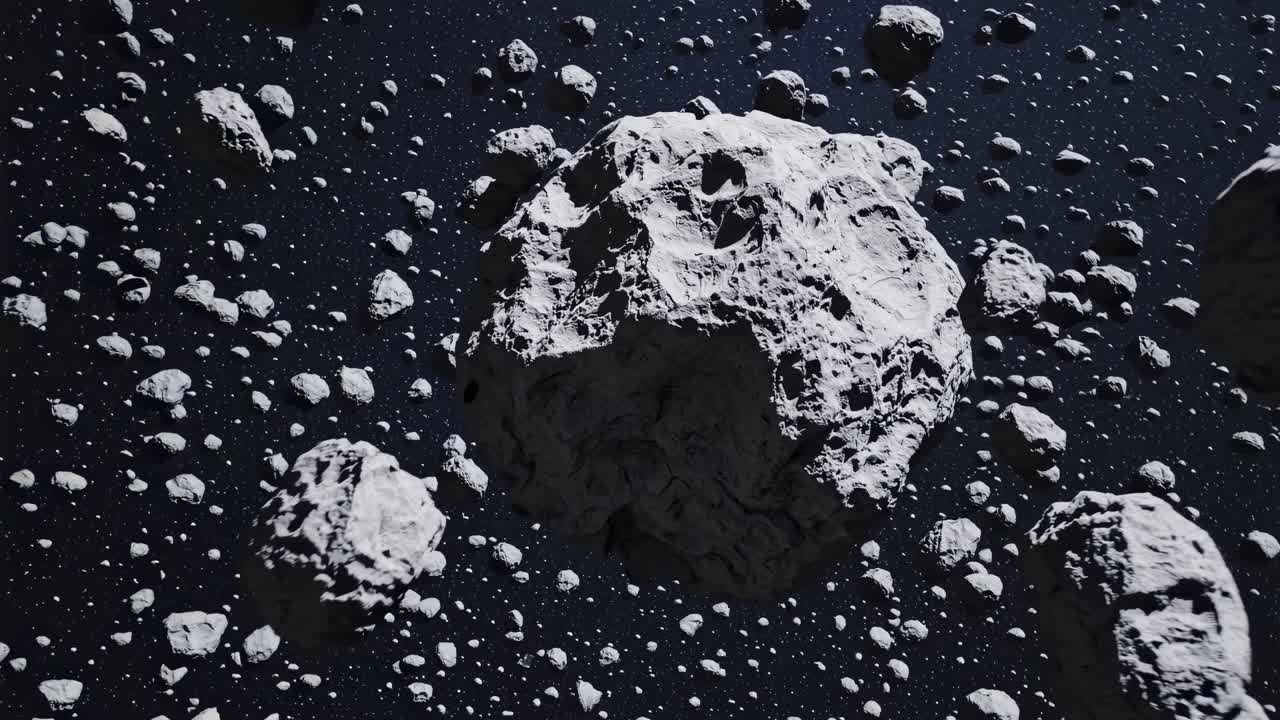 Aerial view of an asteroid field in space, showcasing a realistic, immersive style