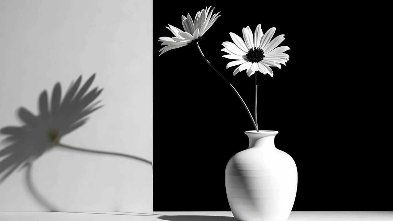Fiori di margherita bianchi in un vaso su uno sfondo in bianco e nero