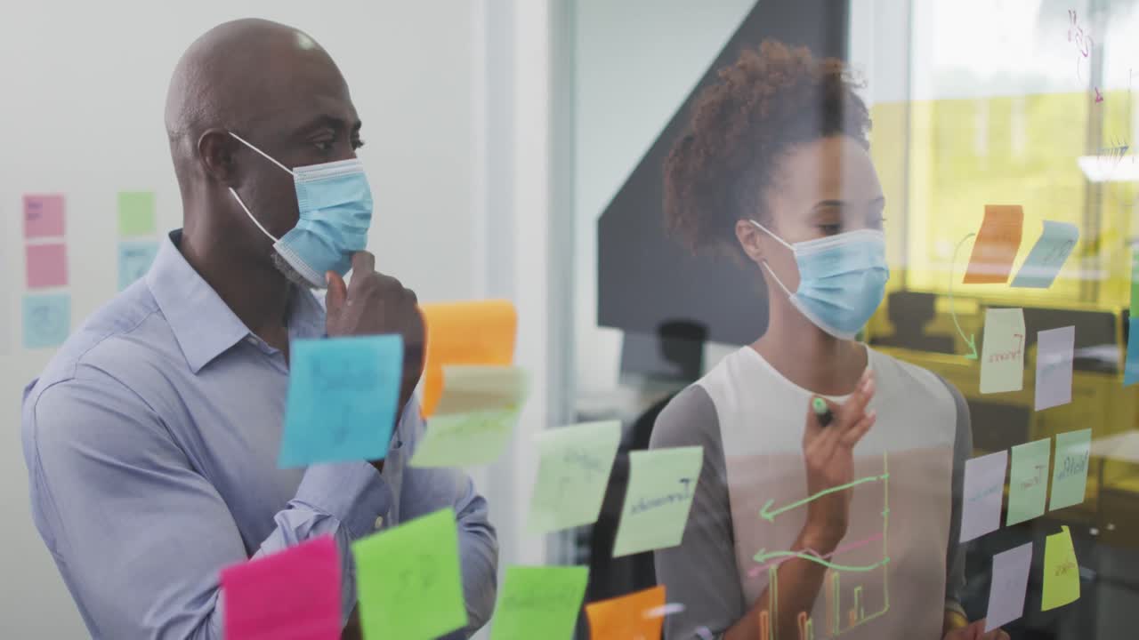 Diverse businessman and businesswoman in face masks brainstorming by board with memo notes in office