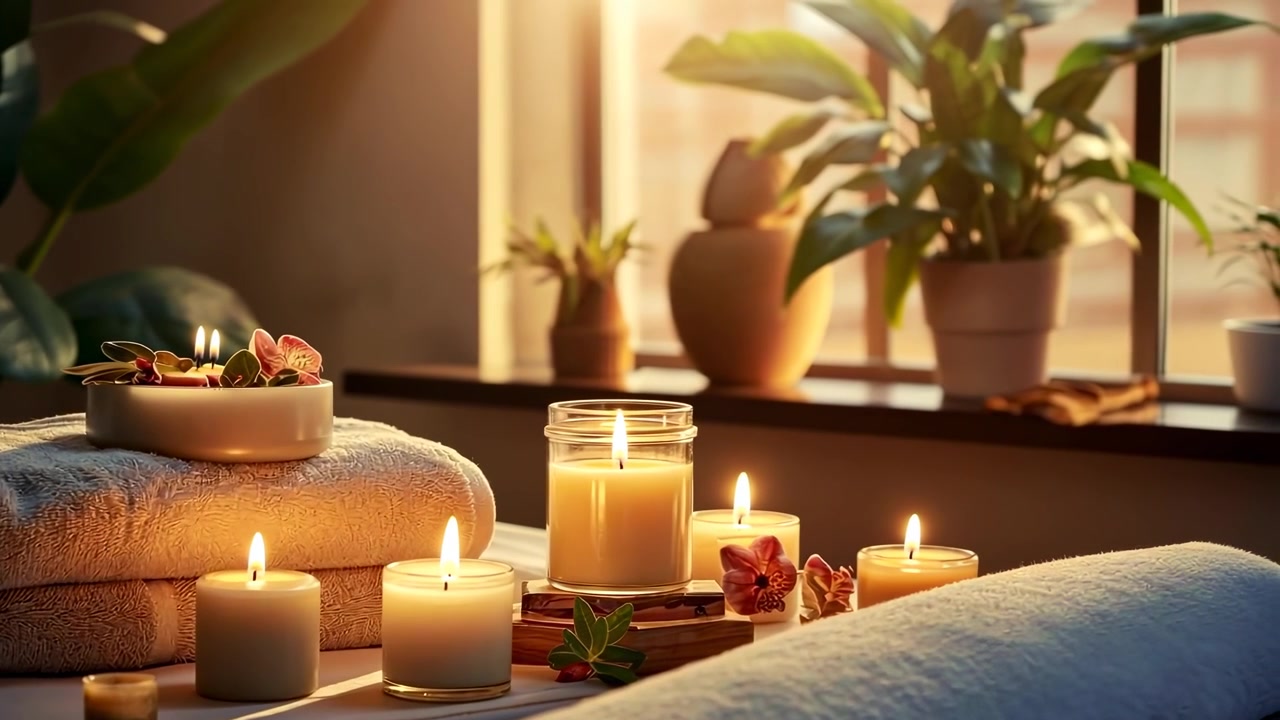 Yanan Mumlar ve Yumuşak Havlularla Rahatlatıcı Spa Ortamı