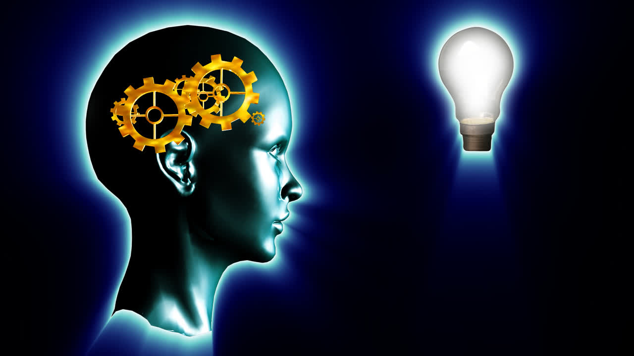 cabeza humana con engranajes y ruedas y una bombilla. concepto de pensar una idea brillante