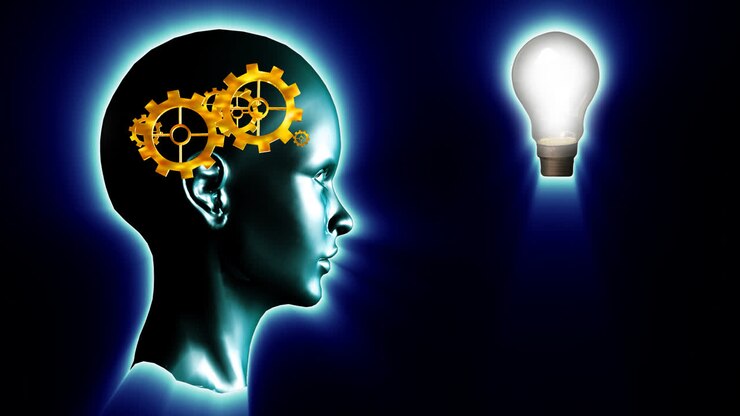 Human head with gears and cogs and a lightbulb. Concept of thinking a brilliant idea
