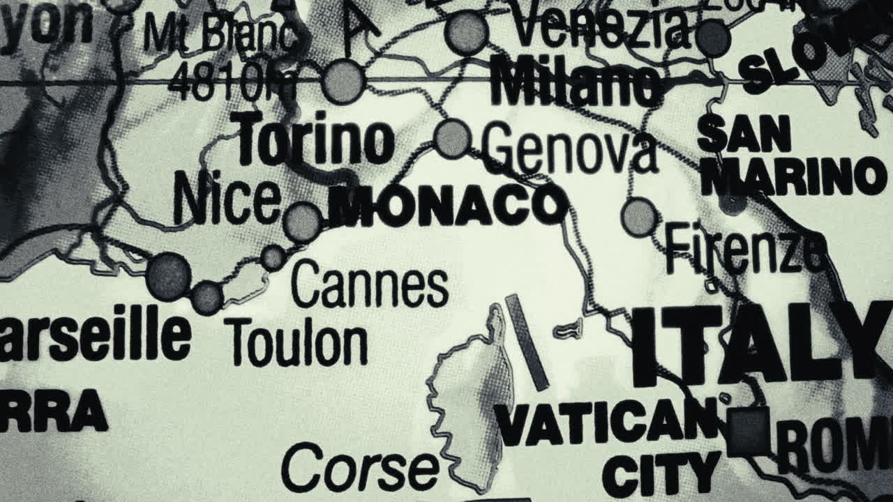 Detailed map of Italy, Monaco, and parts of France and surrounding European regions