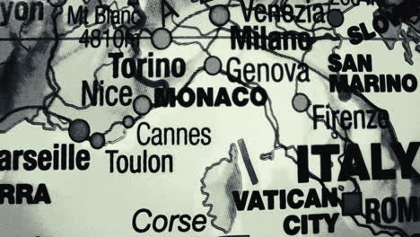 detailed map of italy, monaco, and parts of france and surrounding european regions