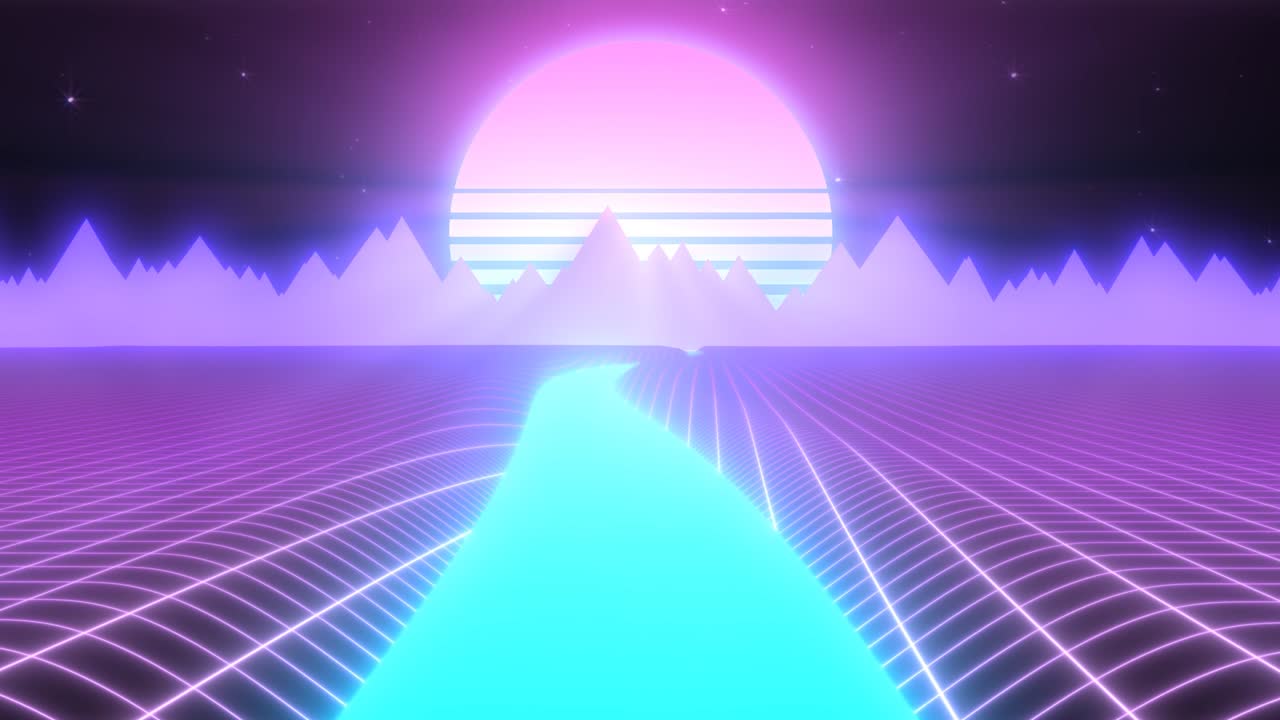 Synthwave Landscape of Glowing River Mountains and Retro 80s Sun - 4K Seamless Loop Motion Background Animation