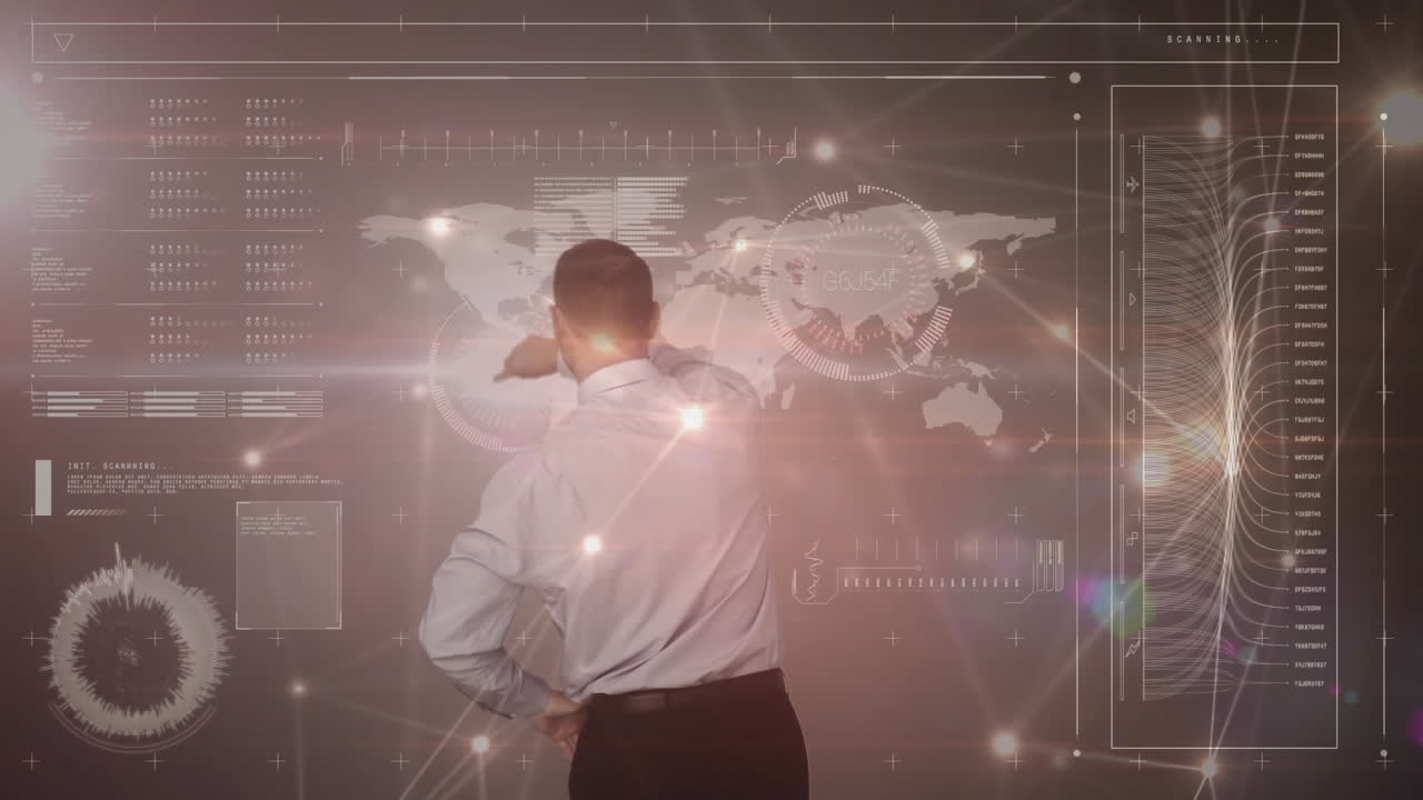 미래의 스크린을 사용하는 사업가