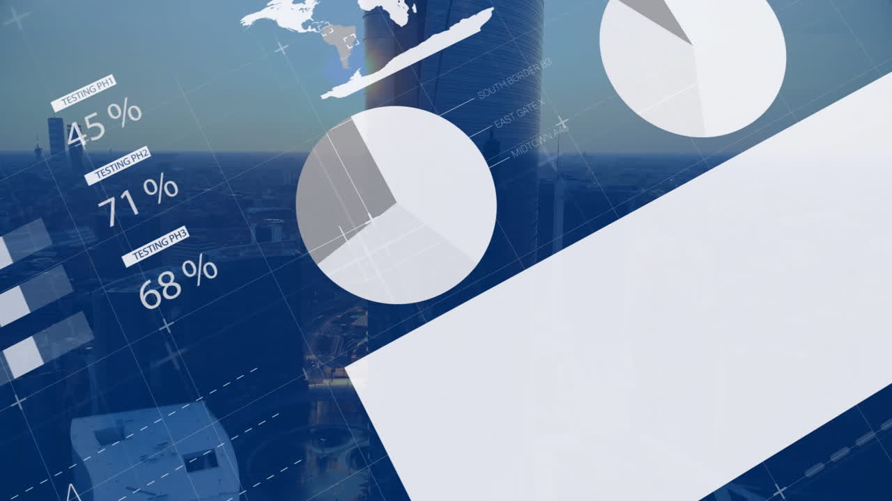 HUD overlay displaying data visualizations over skyline, showing pie charts, bar graph, world map