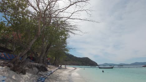 Tight-shoreline-with-exotic-vegetation-and-calm-emerald-paradisiac-sea-in-Coral-Island,-Thailand---Wide-push-in-Tilt-down-reveal-shot