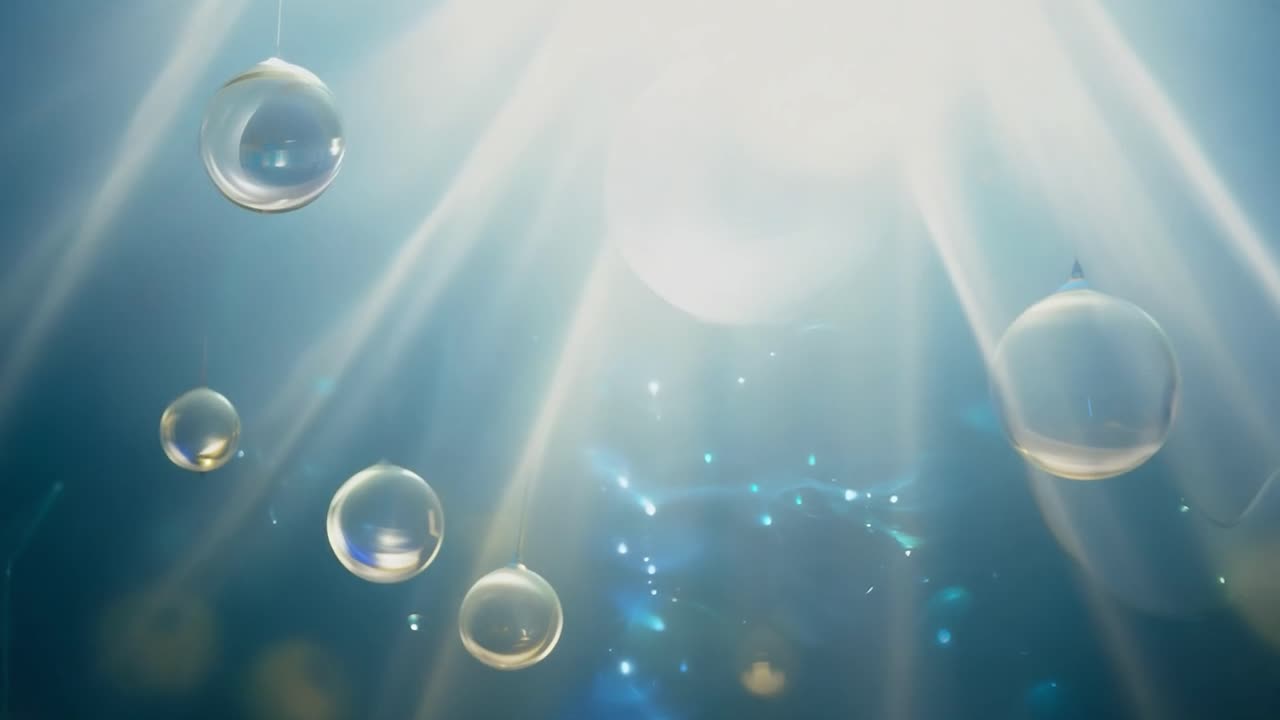 빛의 은 활기찬 파란색 배경에 매달린 구를 조명하여 밝고 현대적인 장식 요소를 만니다.