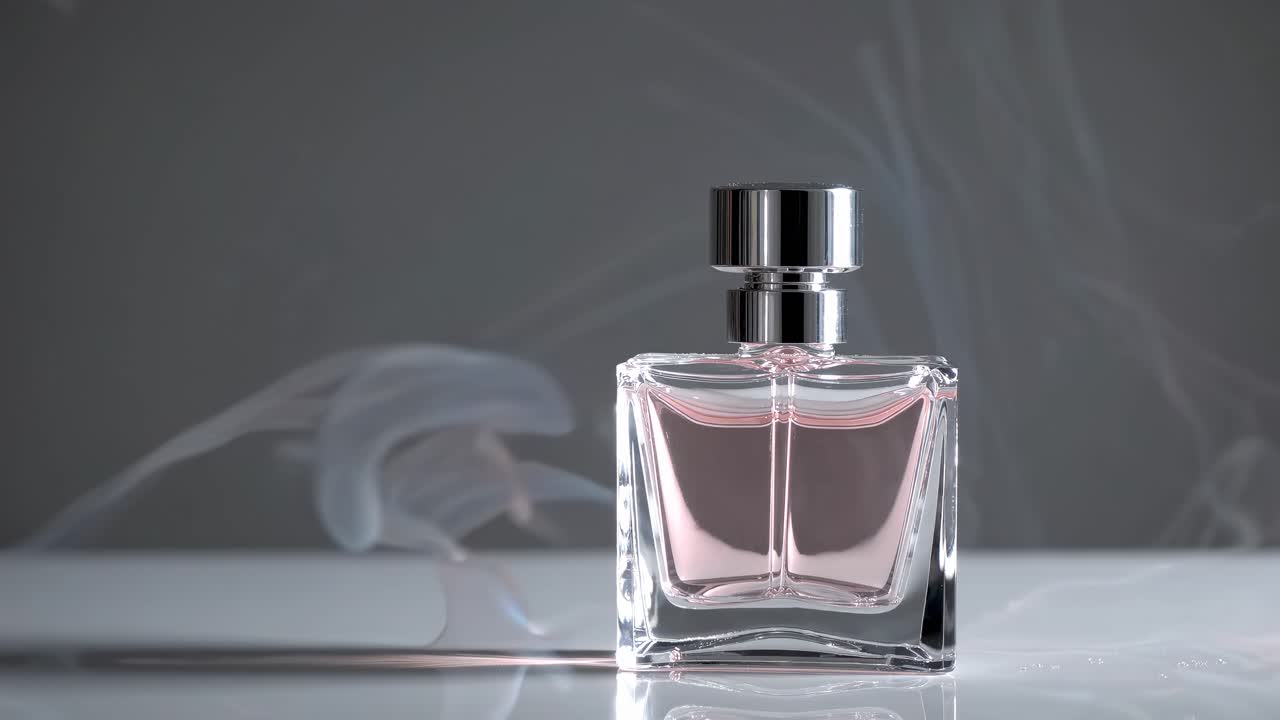 Elegant perfume bottle with swirling smoke, captured in a close-up, eye-level angle