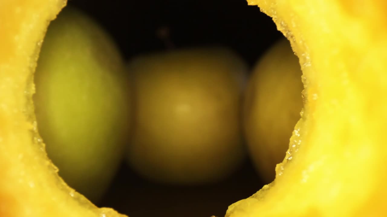 comenzando dentro del interior de un núcleo de manzana oxidado, empujando fuera de la manzana hacia otras 3 manzanas, obteniendo un gran primer plano del tallo de la manzana central, desde la punta hasta la base