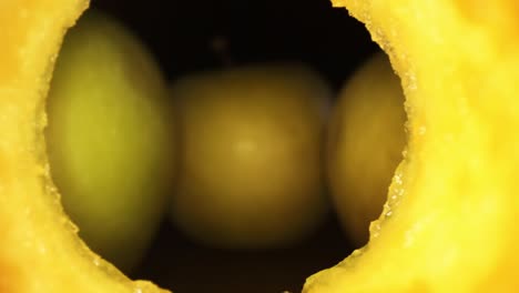 starting inside an interior of an oxidized apple core, pushing out of the apple towards 3 other apples, getting a great closeup of the middle apples stem, from the tip to the base