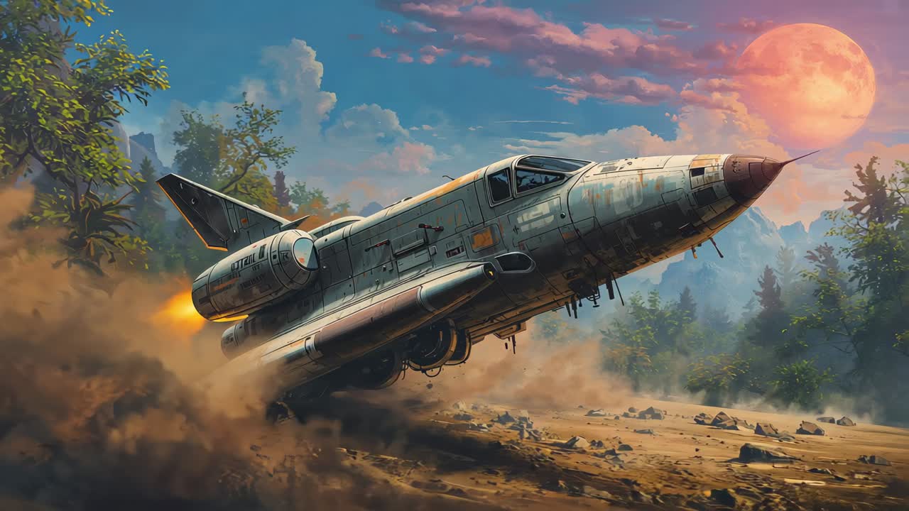 Igniting rear pods shuttle lifting from forest clearing, kicking up dust, showing landing gear