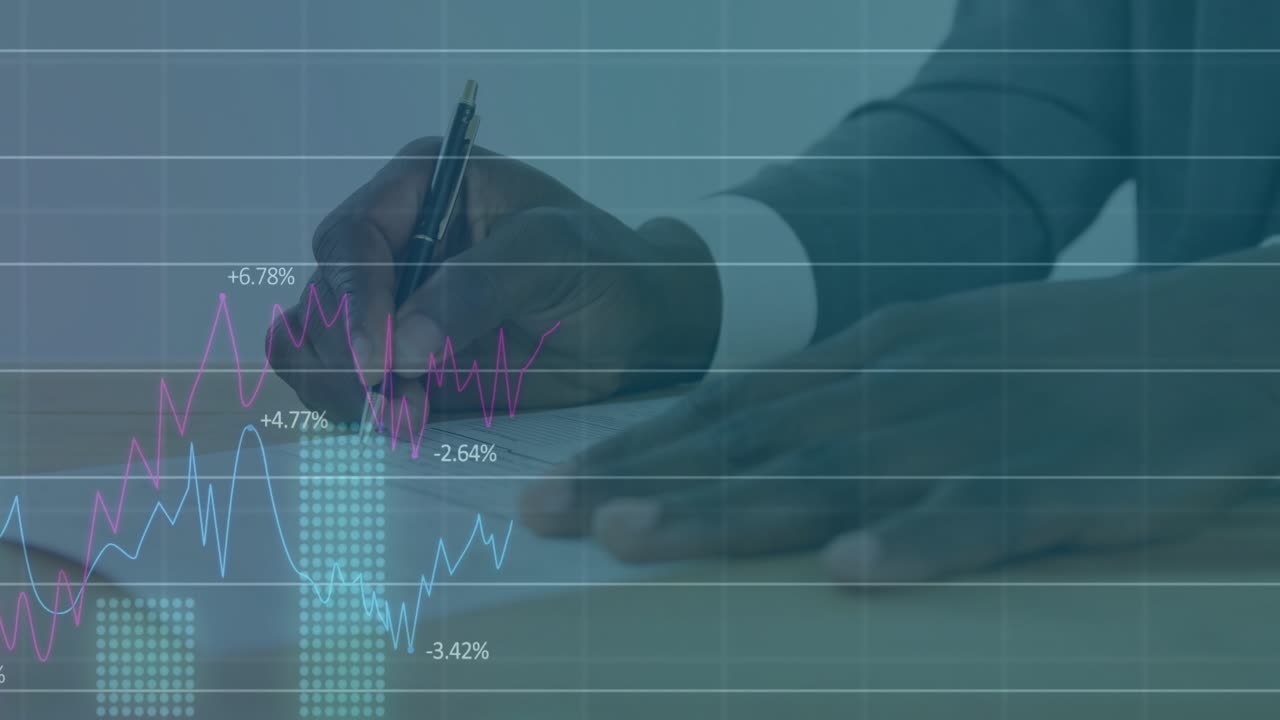 Uomo d'affari che prende una penna e scrive per l'analisi dei dati mentre appaiono grafici finanziari animati
