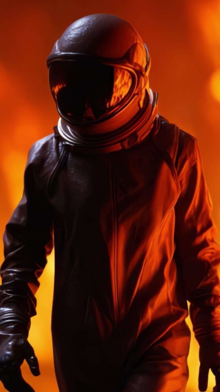 En astronaut står selvsikkert i et brændende miljø, der fremviser deres avancerede dragt og hjelm, og legemliggør essensen af mod og udforskning under ekstreme forhold