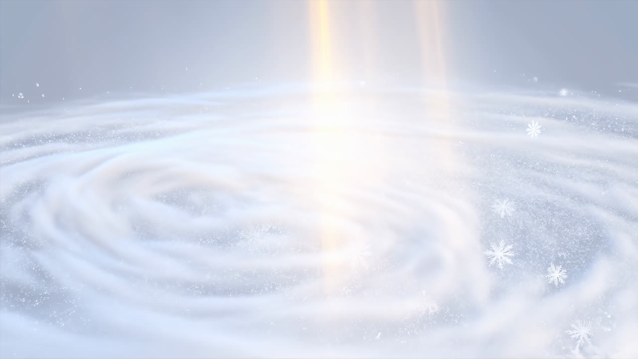 黄金の光を伴う渦巻く雪の渦、柔らかい螺旋状の雪と舞い散る雪片の映画のような俯瞰、暖かな情景。