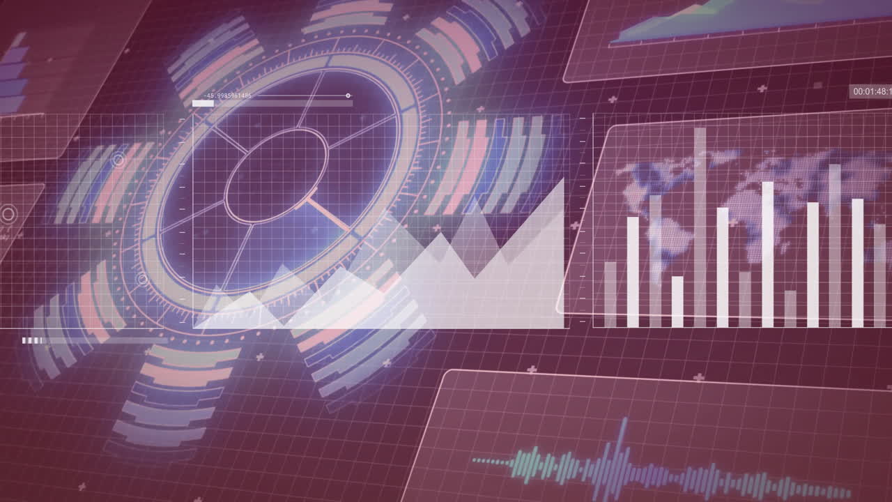 gráficos y gráficos de animación sobre interfaz futurista con visualizaciones de datos