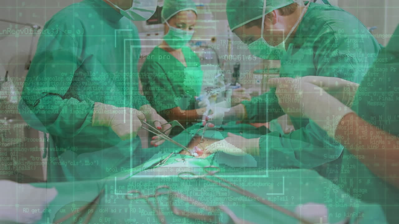 animación del procesamiento de datos sobre diversas personas de negocios que usan estetoscopio