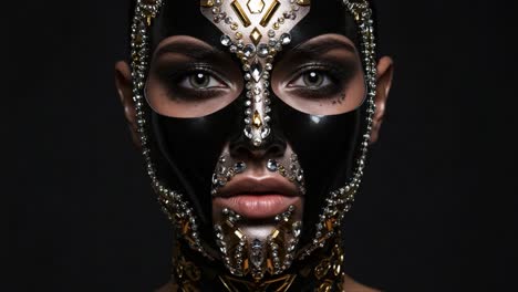 the art of enigmatic beauty: a dramatic portrait showcasing intricate mask details enhanced by luxurious gemstone embellishments