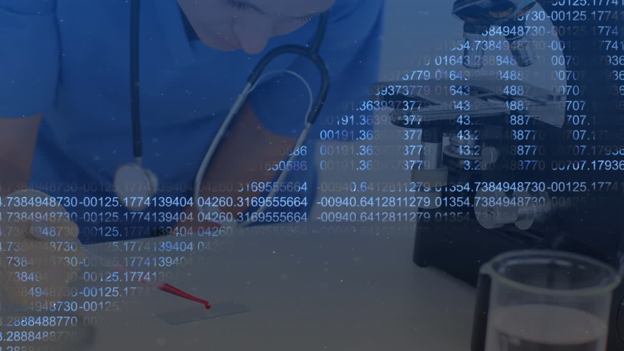 animación de la cadena de adn girando sobre el médico en el laboratorio