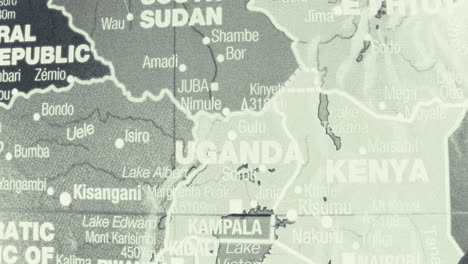 close-up of a map showing east african countries