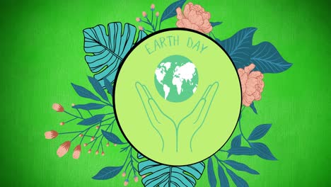 animation of earth day text and logo over flowers on green background