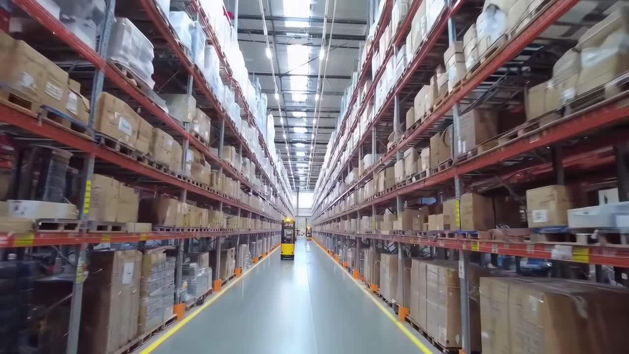 Wide-angle video shot of a vast warehouse aisle, showcasing towering shelves filled with boxes