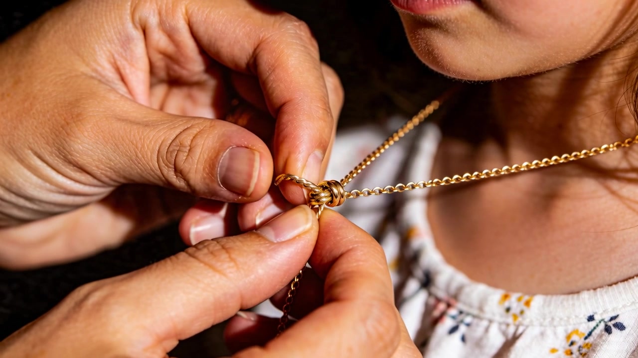 Mani adulte che districano una catena d'oro annodata, su un bambino con una maglietta floreale a casa, liberando un ciondolo.