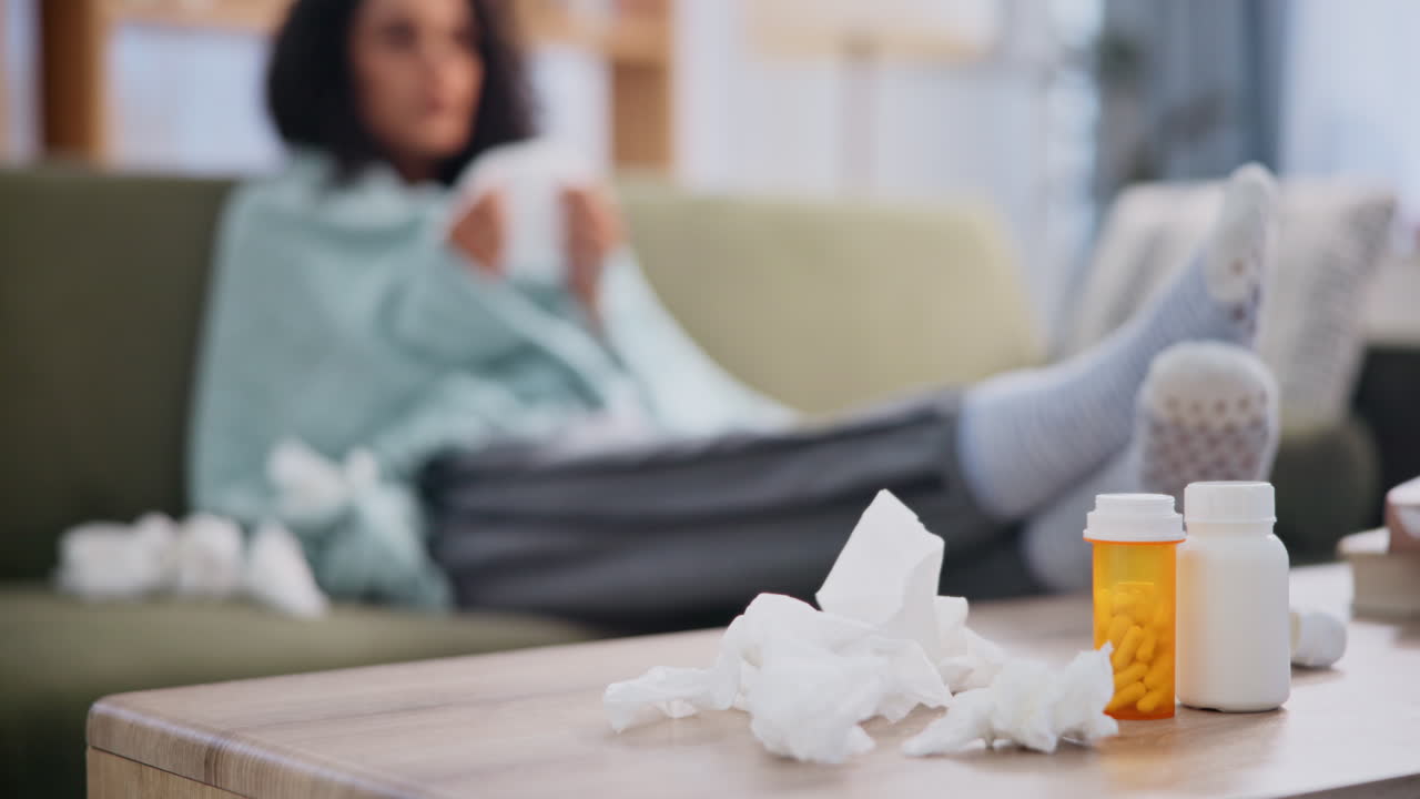 mujer descansando en el sofá con medicina y pañuelos