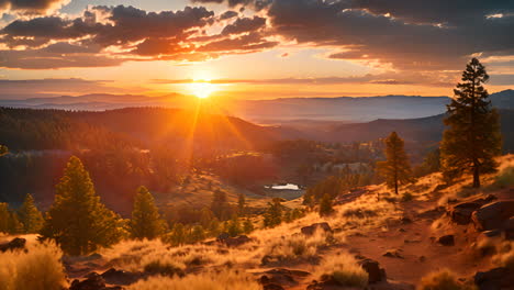 sunset over radiant valley near pine trees in montana