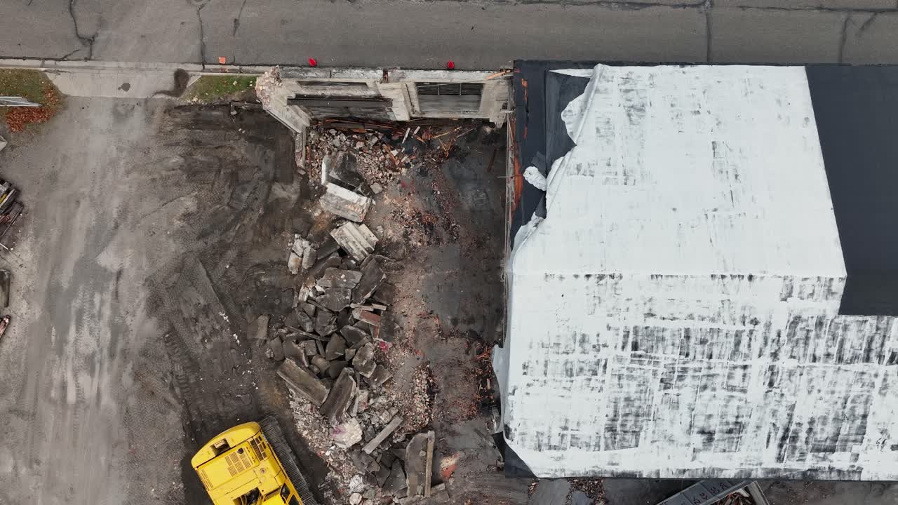 A direct aerial of the rubble and demolition area
