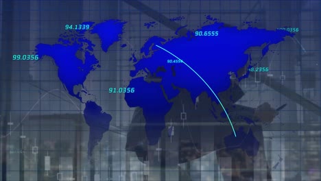 Animación-Del-Procesamiento-De-Datos-Y-Mapa-Mundial-Sobre-Un-Hombre-De-Negocios-Caucásico-Usando-Un-Teléfono-Inteligente