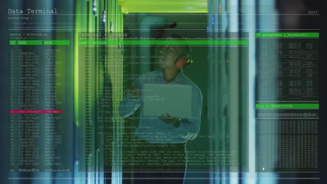 Animation-Der-Datenverarbeitung-über-Einem-Afroamerikanischen-Männlichen-Arbeiter-Im-Serverraum