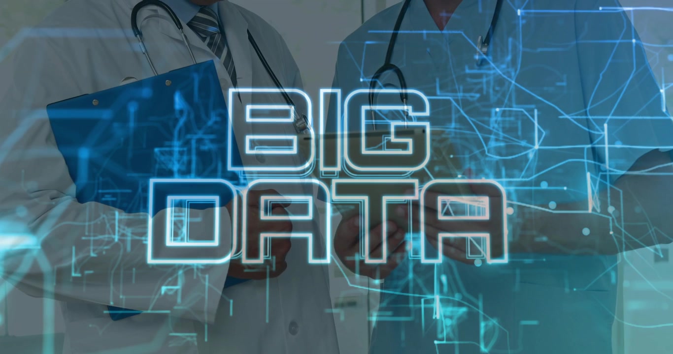 Doctors reviewing clipboard and scanning tablet in hallway creating hologram grid forming BIG DATA