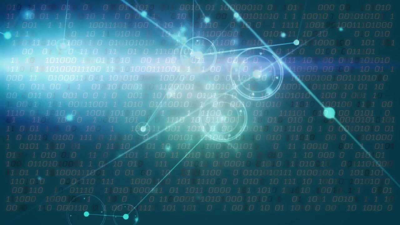 Animation of network of connections, binary coding and light trails against blue background