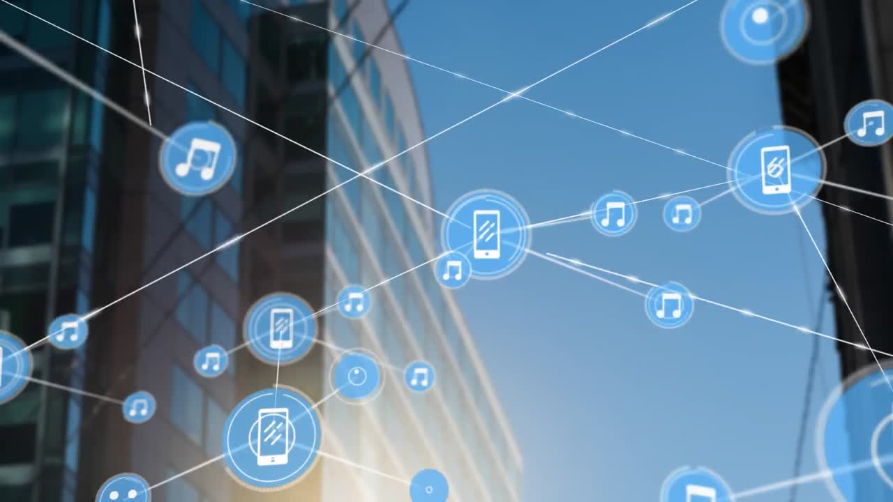 현대적인 사무실 건물 위에 아이콘으로 연결된 네트워크의 애니메이션