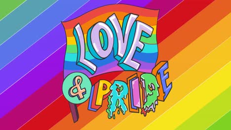 animation of love and pride text with flag over rainbow stripes