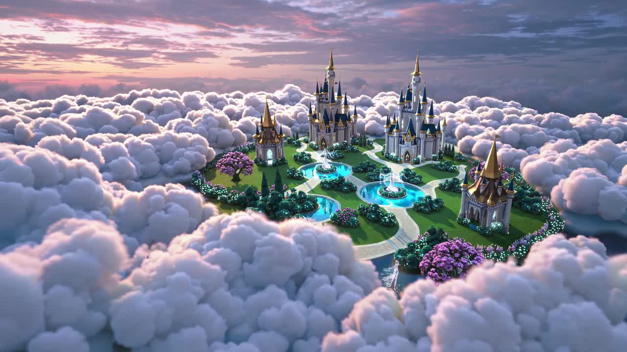 해가 지는 동안 떠다니는 구름 성