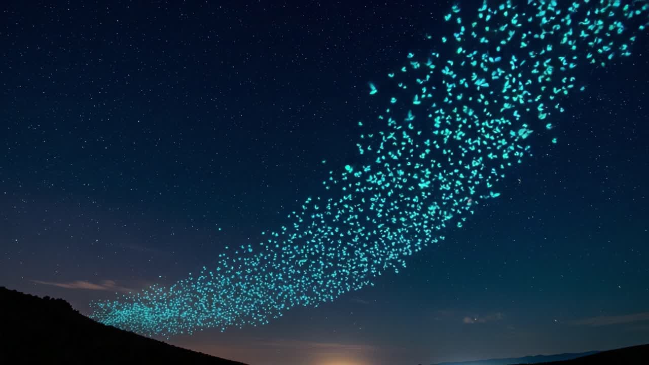 A Magical Display of Glow: A Trail of Bioluminescent Creatures Illuminates the Night Sky with Stunning Colorful Patterns Against the Starry Background