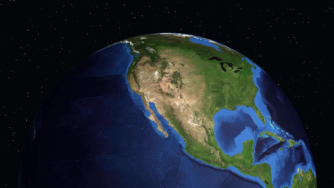 Animazione digitale che zoomma dallo spazio profondo verso la Terra, individuando Fresno, California, con indicatori di posizione.