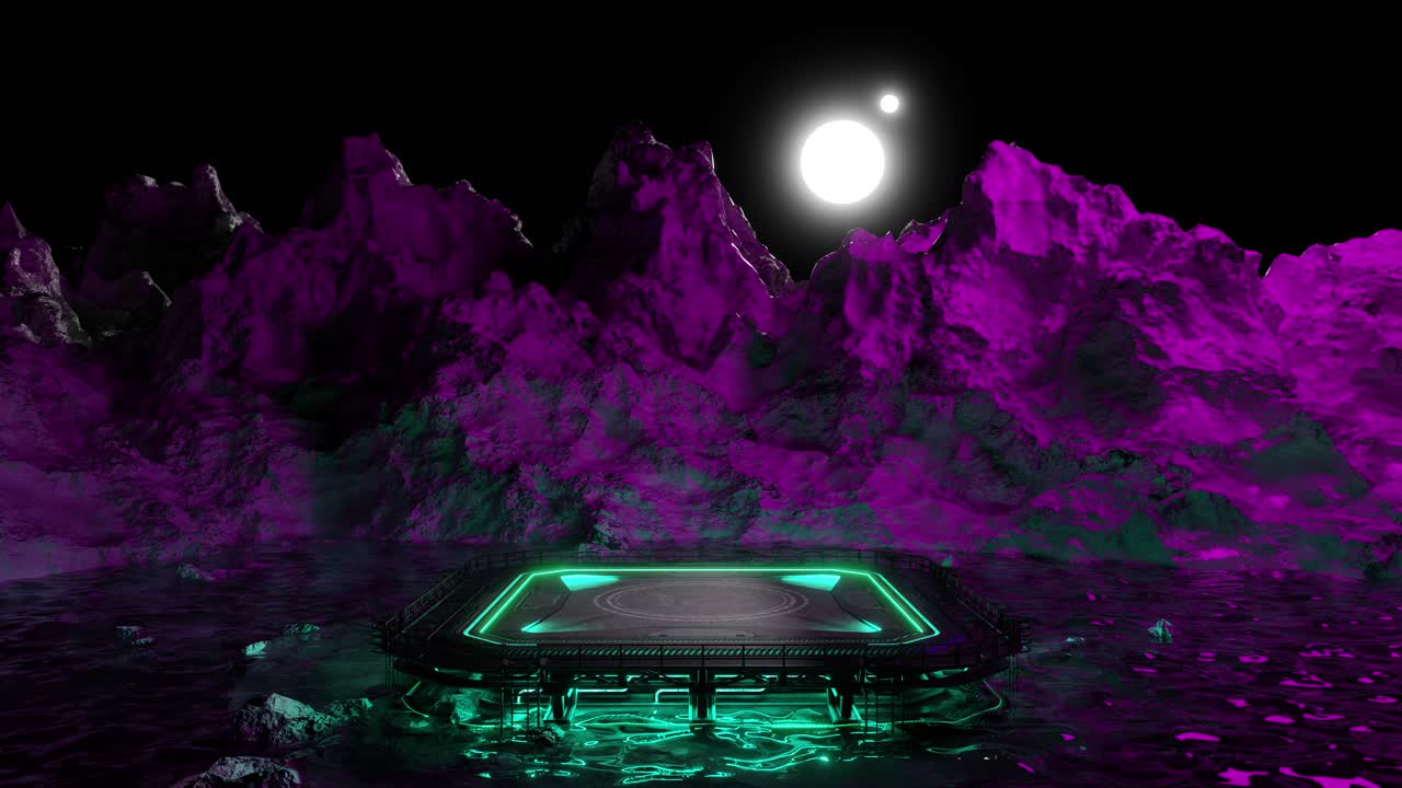 3d render of product presentation stand surrounded by neon lights in water