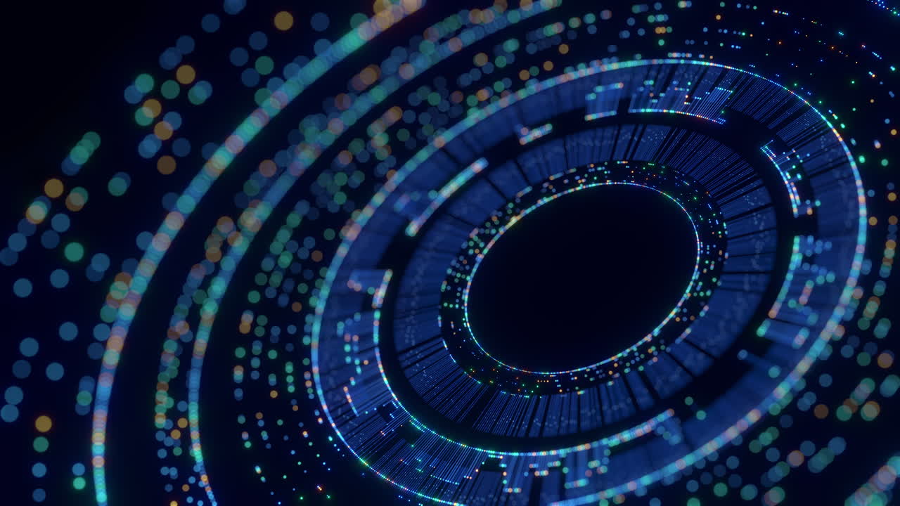 This abstract digital background showcases interconnected lines, glowing dots, and concentric circles, illustrating concepts of global networks, artificial intelligence, and big data processing