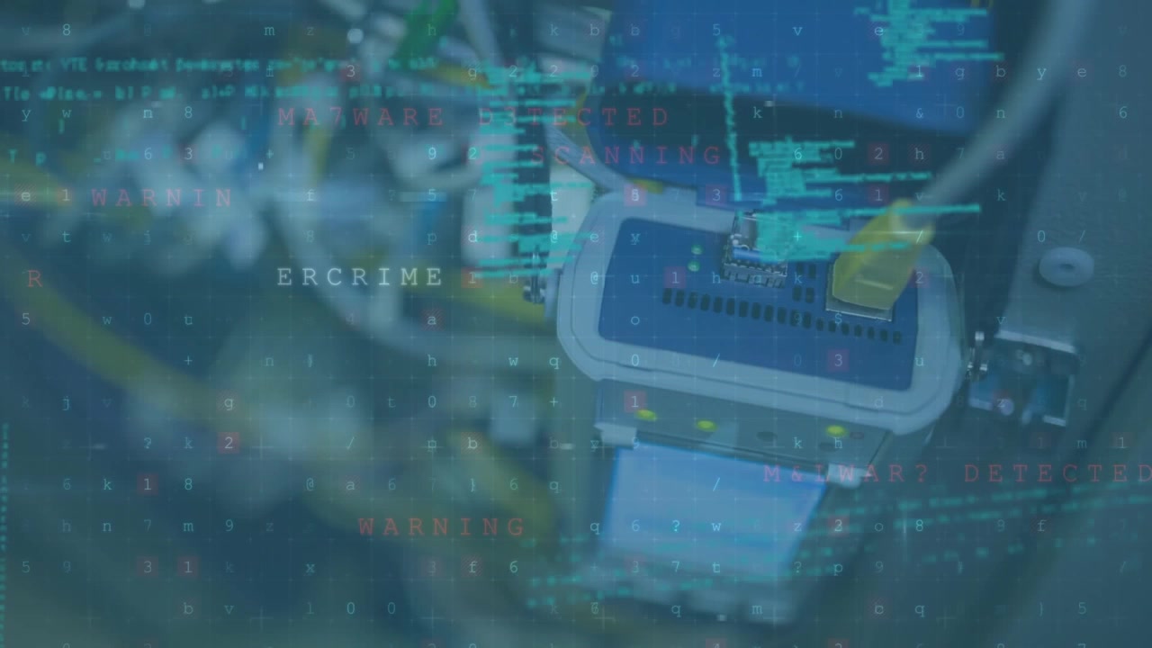 Animation of cyber attack warning over scientist using computer