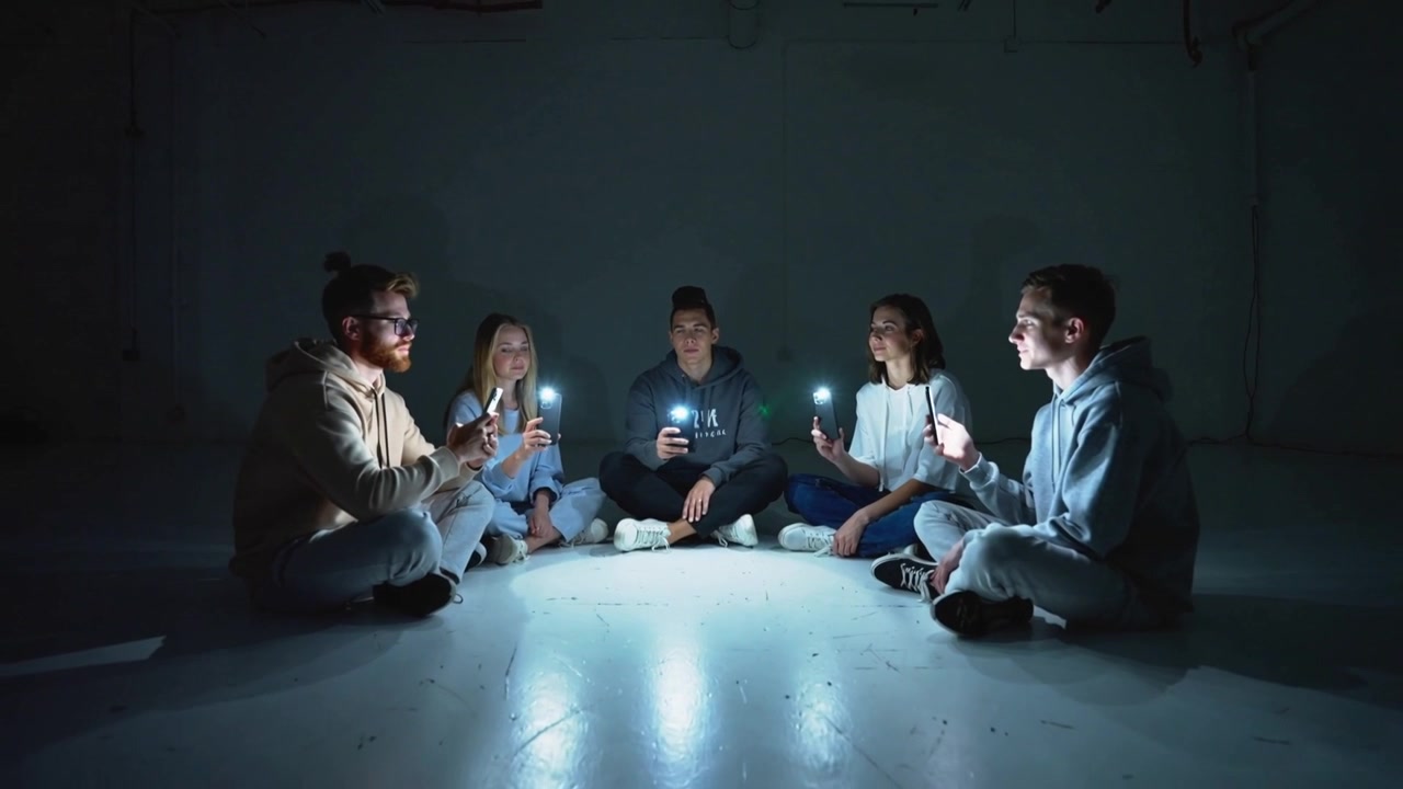 Cinque amici tengono le luci dei telefoni accese, inclinando i telefoni per illuminare i loro volti su un pavimento lucido di studio, indossando felpe con cappuccio