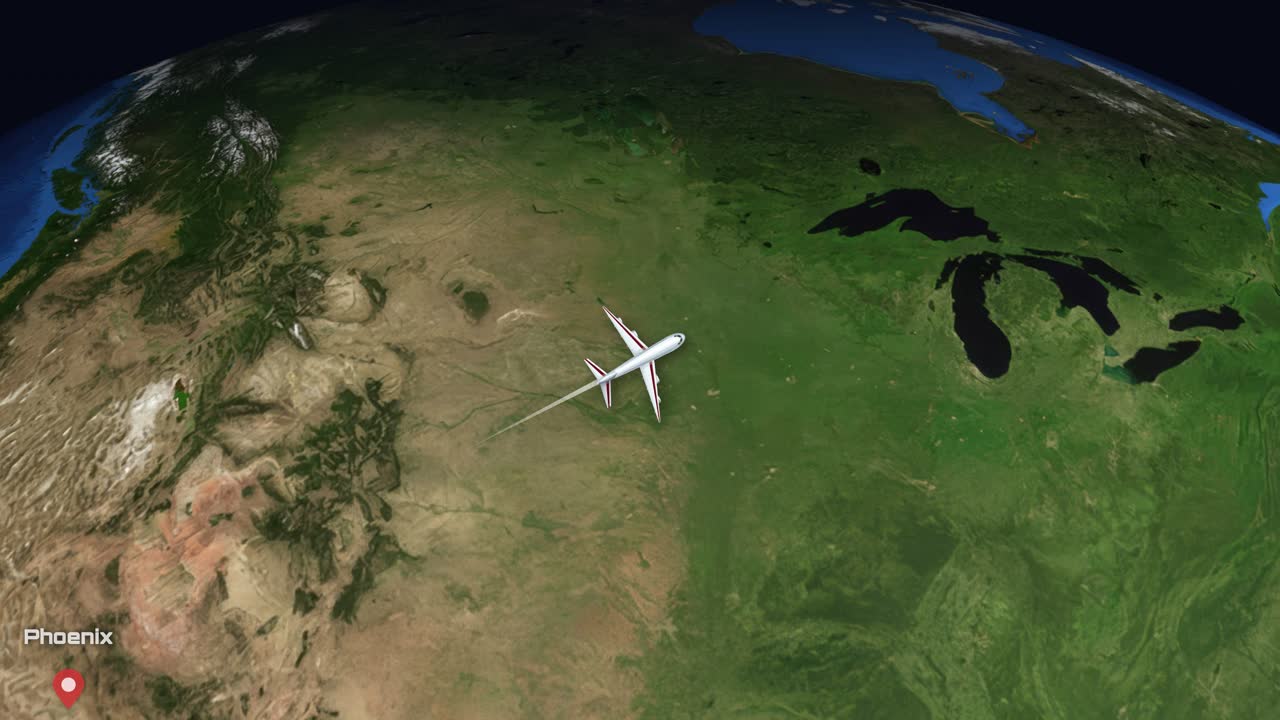 Animation med satellitvisning følger et passagerfly, der flyver over Atlanterhavet mod Europa.