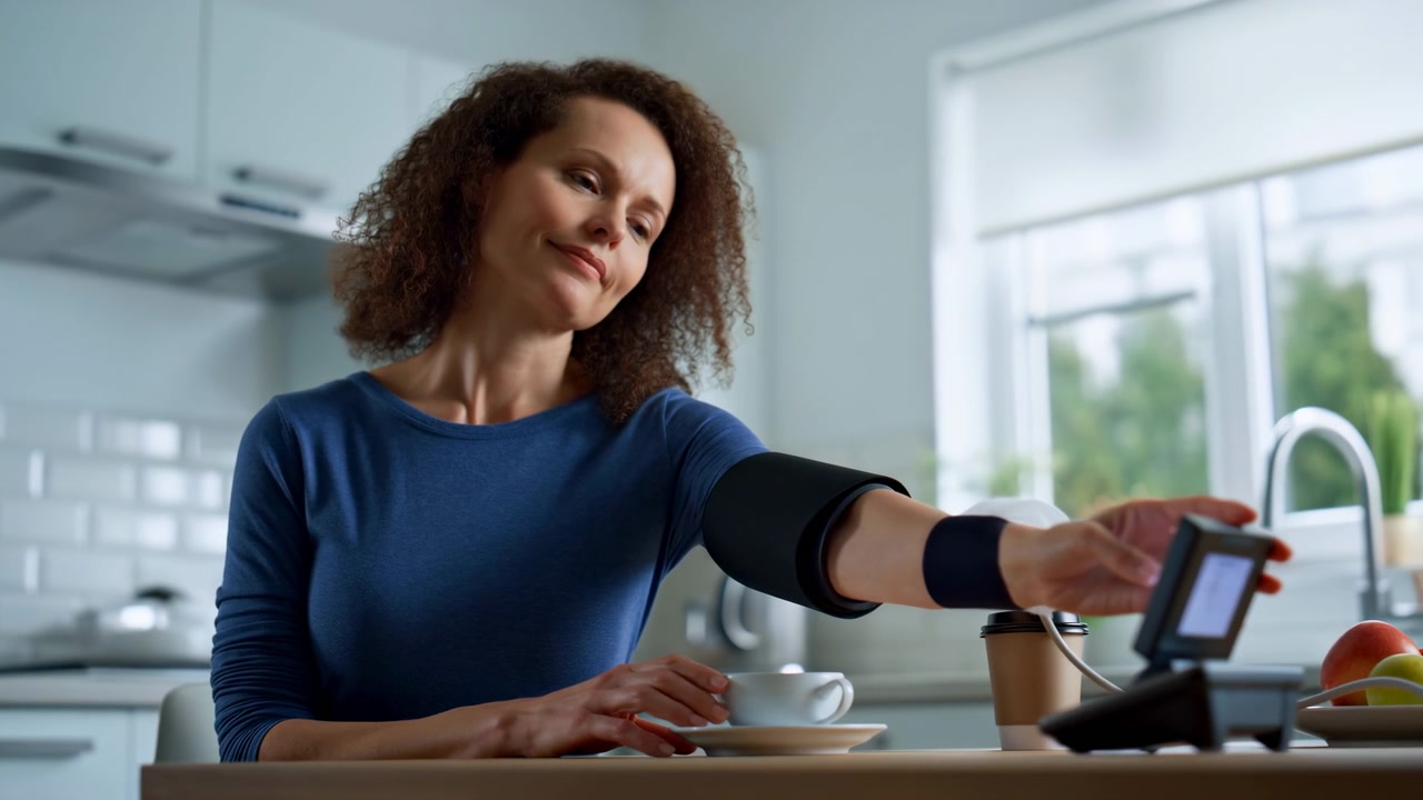 Persona interagisce con un dispositivo di pagamento accanto al bancone della cucina mentre uno smartphone è tenuto vicino al terminale, con luce brillante dalla finestra, dettagli interni puliti e una vista ravvicinata delle mani durante il processo di pagamento.