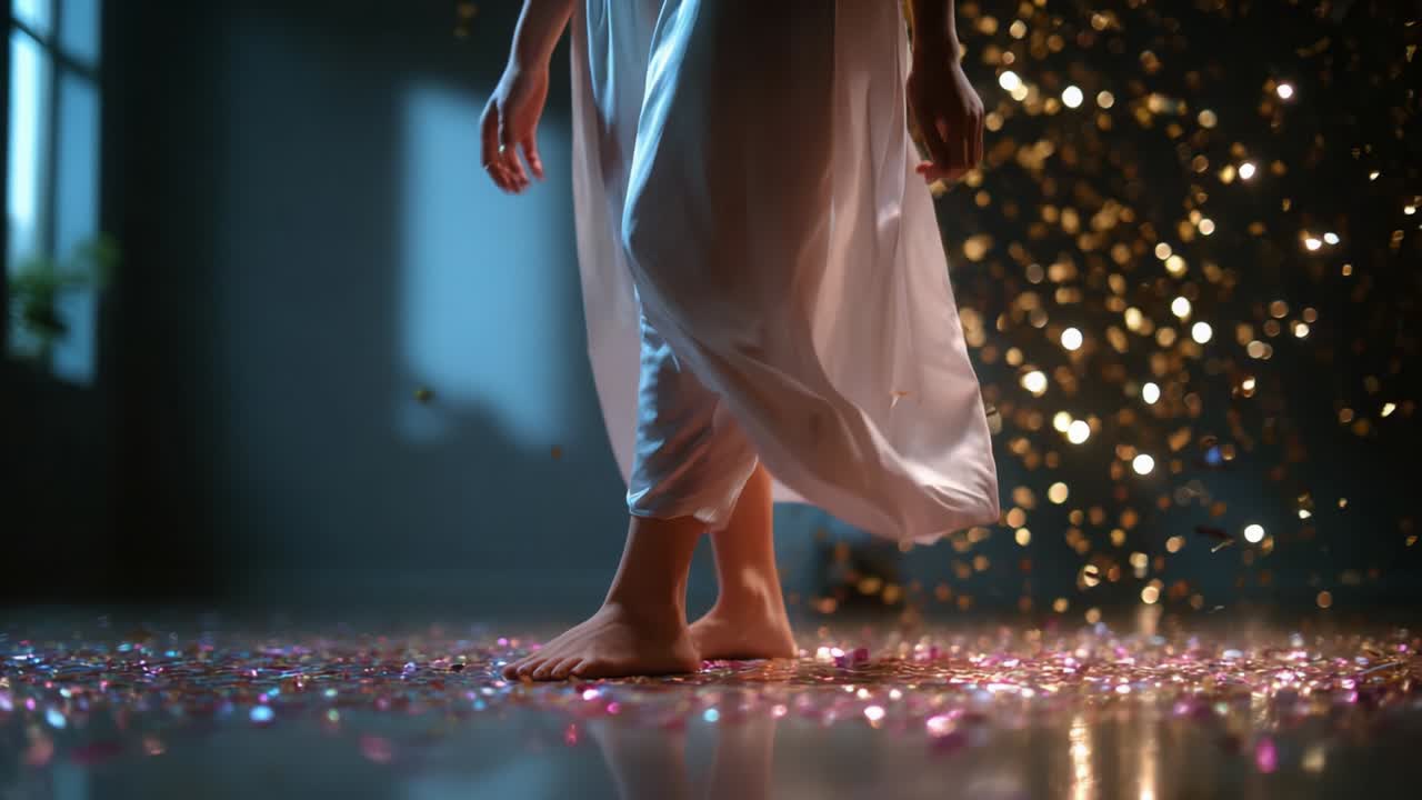A Serene Moment Captured in Two Frames: A Barefoot Figure in Ethereal Attire Stands Gracefully Amidst Glittering Confetti and Soft Lighting, Creating a Dreamlike Atmosphere of Tranquility and Beauty
