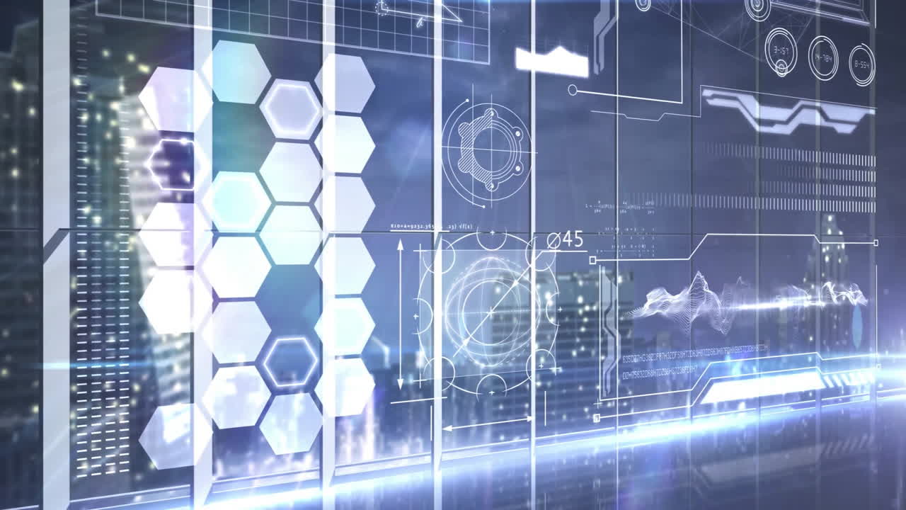 Digital interface with hexagons and data processing animation over cityscape