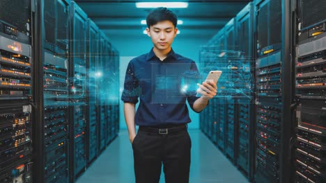man in server room using smartphone